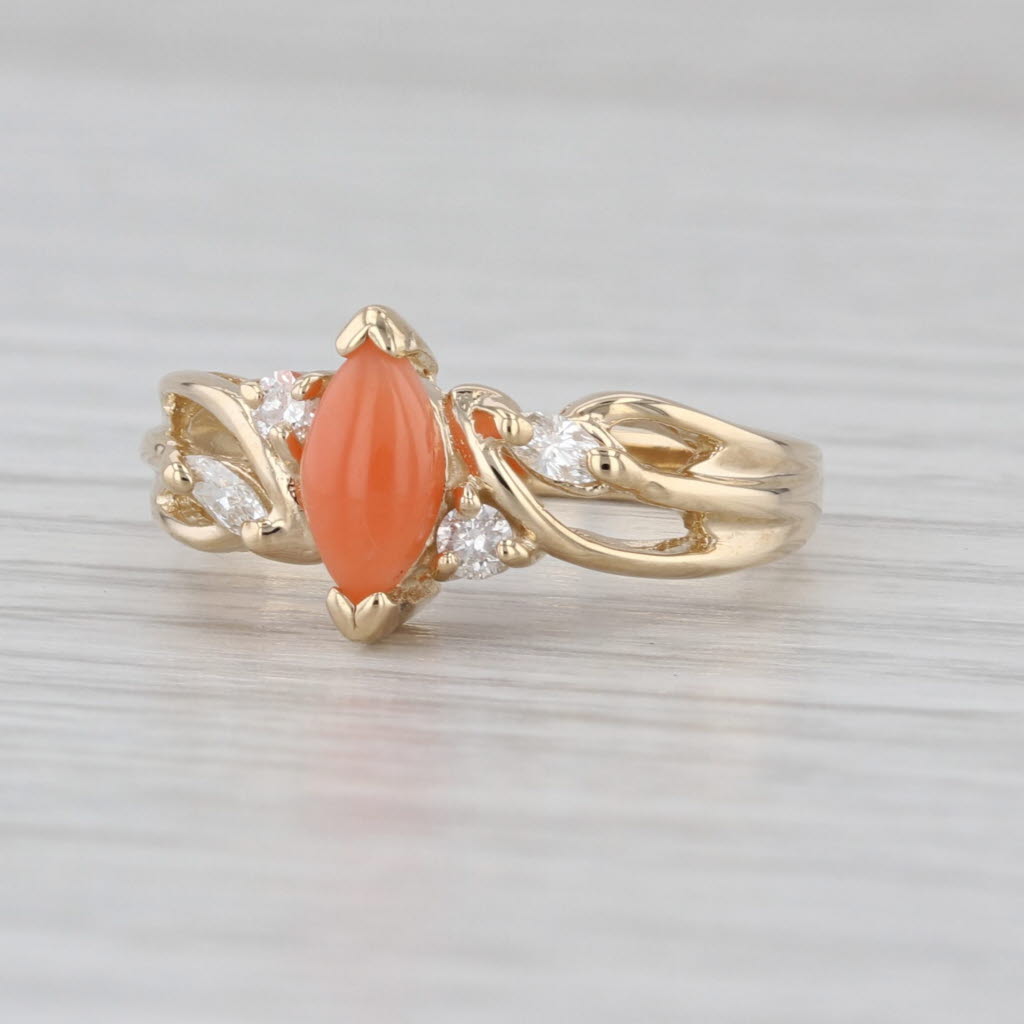 0.16ctw Coral Navette Cabochon Diamond Ring 14k Yellow Gold Size 6