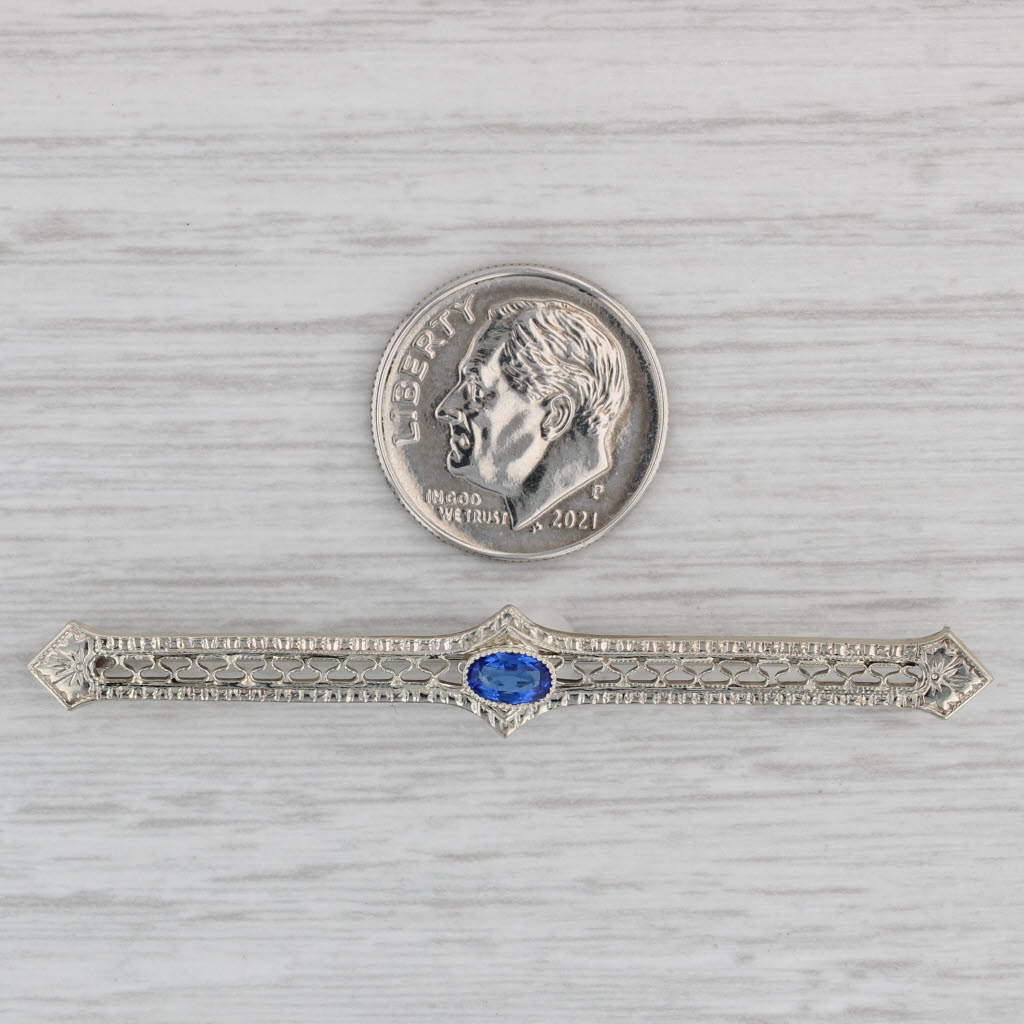 Gray Art Deco 0.35ct Blue Lab Created Sapphire Filgiree Bar Pin 14k White Gold