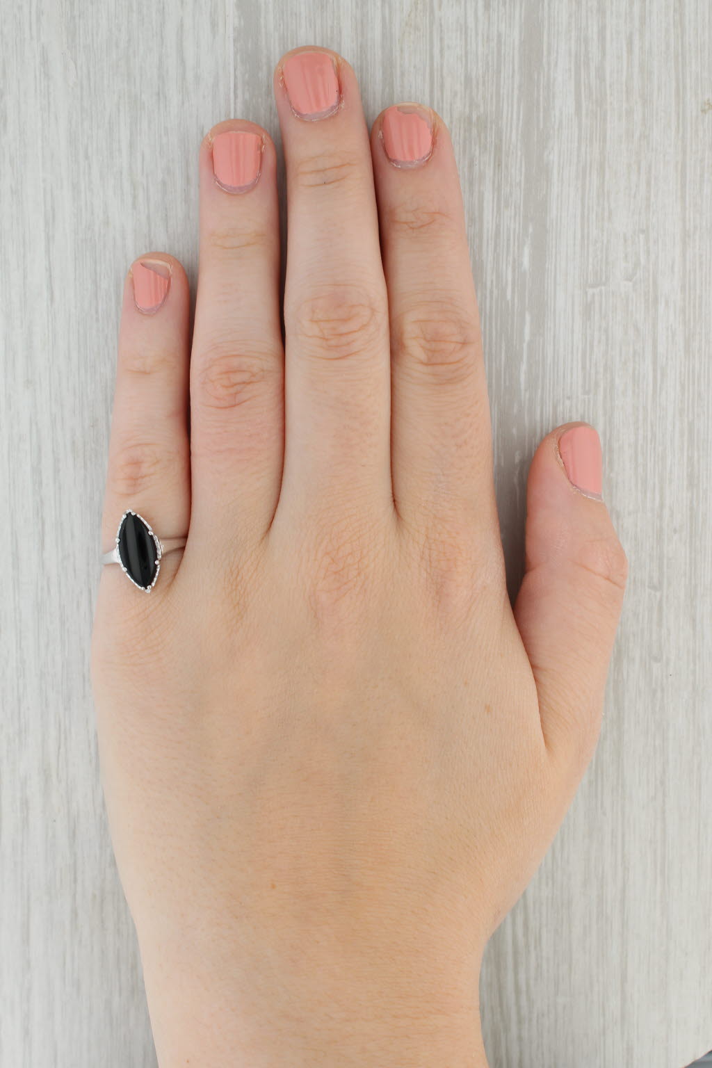 Tan Black Onyx Marquise Solitaire Ring 10k White Gold Size 6.25