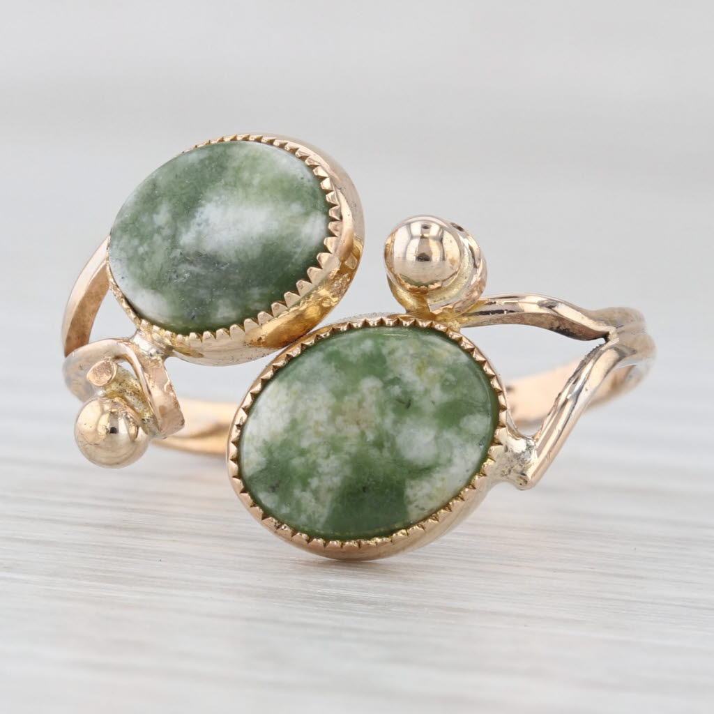 Light Gray Vintage Nephrite Jade Cabochon Bypass Ring 12k Yellow Gold Filled Adjustable