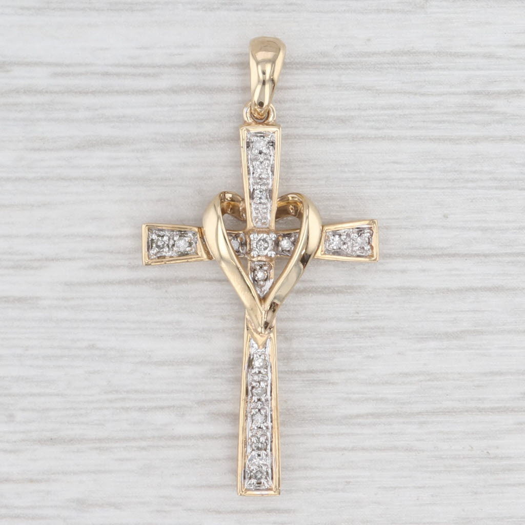 Light Gray 0.10ctw Diamond Heart Cross Pendant 10k Yellow Gold