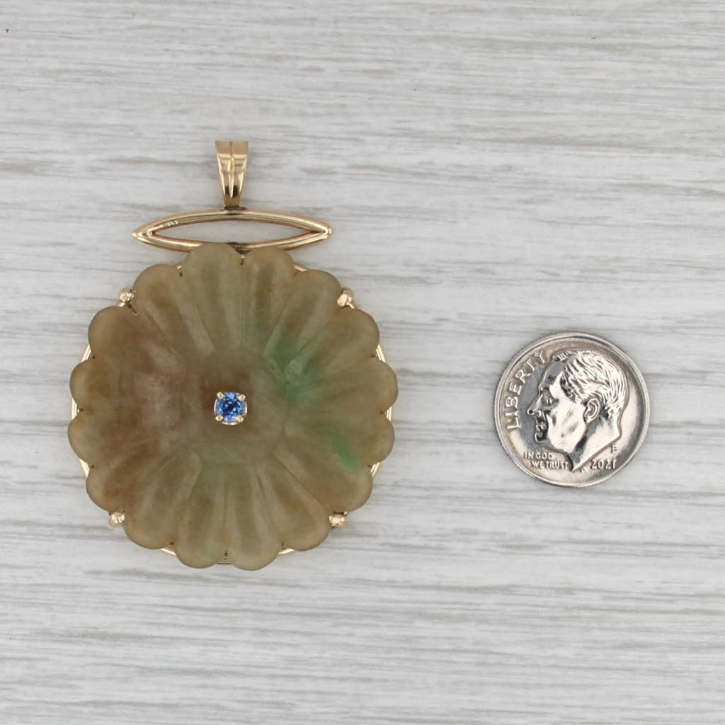 Green Jadeite Jade Blue Sapphire Flower Statement Pendant 14k Yellow Gold
