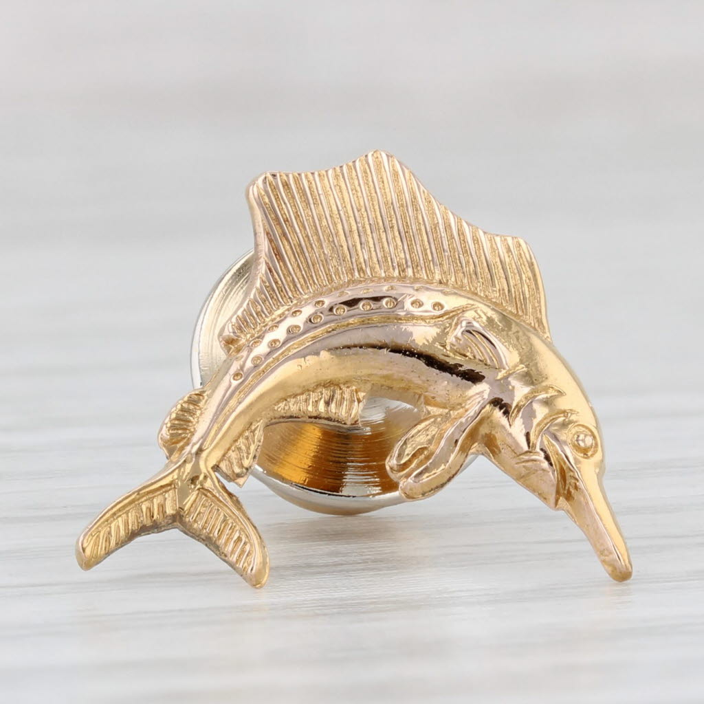 Light Gray Sword Fish Lapel Pin 14k Yellow Gold Tie Tac