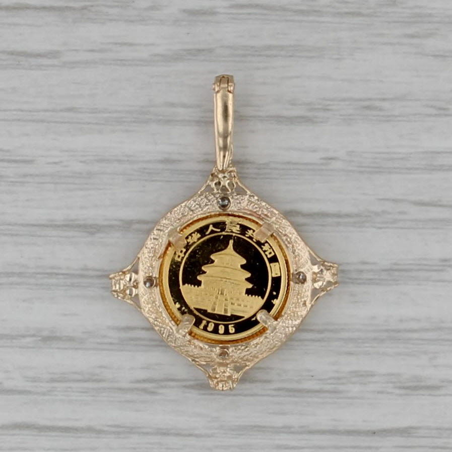 Diamond 1995 Chinese Panda Coin Pendant 14k 1/20oz 999 Gold 5 Yuan