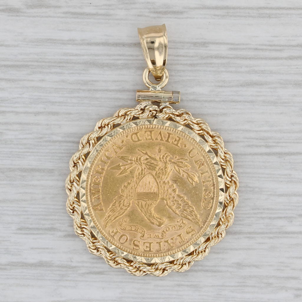 Gray Authentic 1886 5 Dollar Liberty Coin Pendant 14k Bezel 900 Coin Yellow Gold