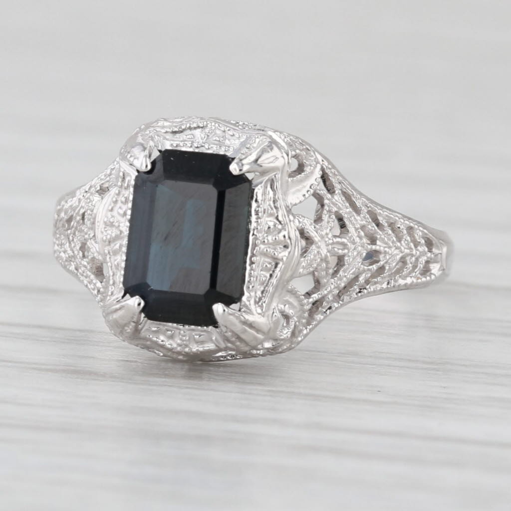 Art Deco 1.40ctw Blue Sapphire Solitaire 14k White Gold Filigree Size 4.5