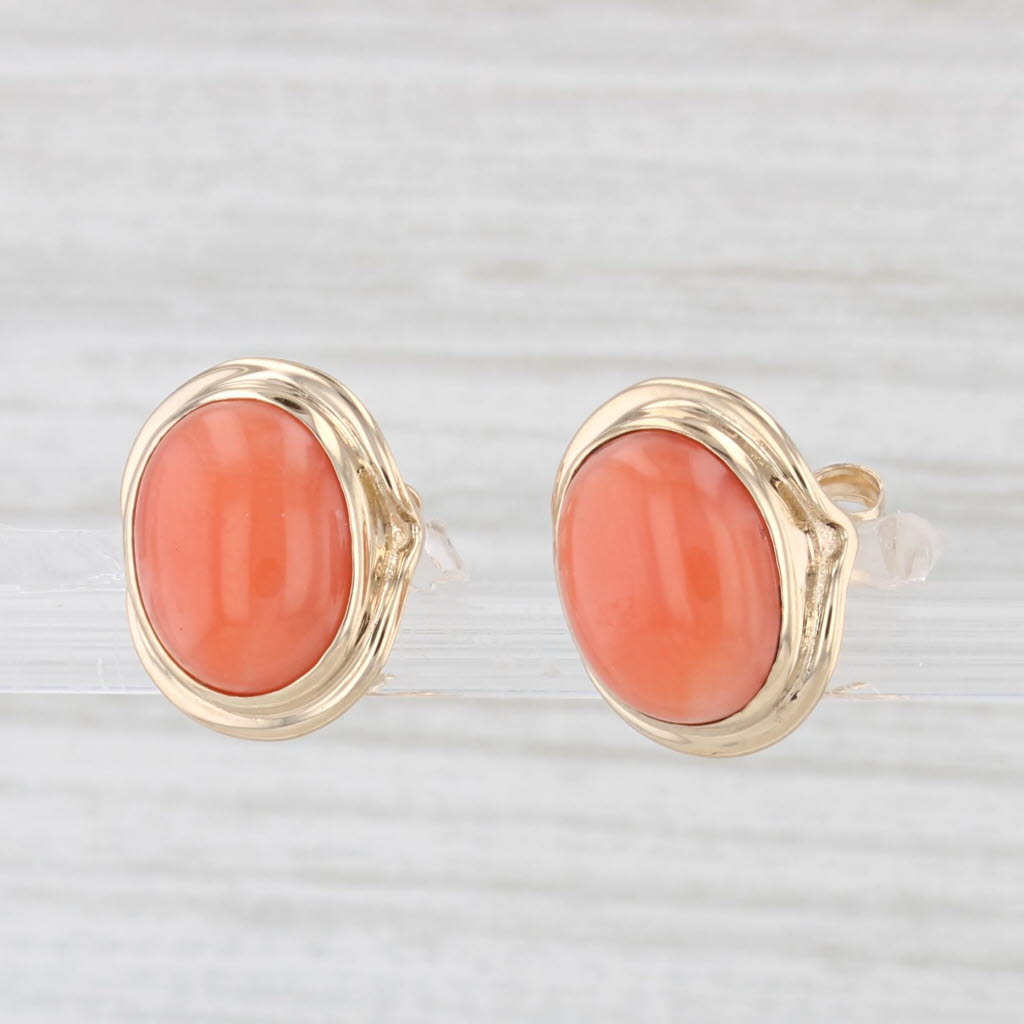 Light Gray Oval Coral Cabochon Stud Earrings 14k Yellow Gold