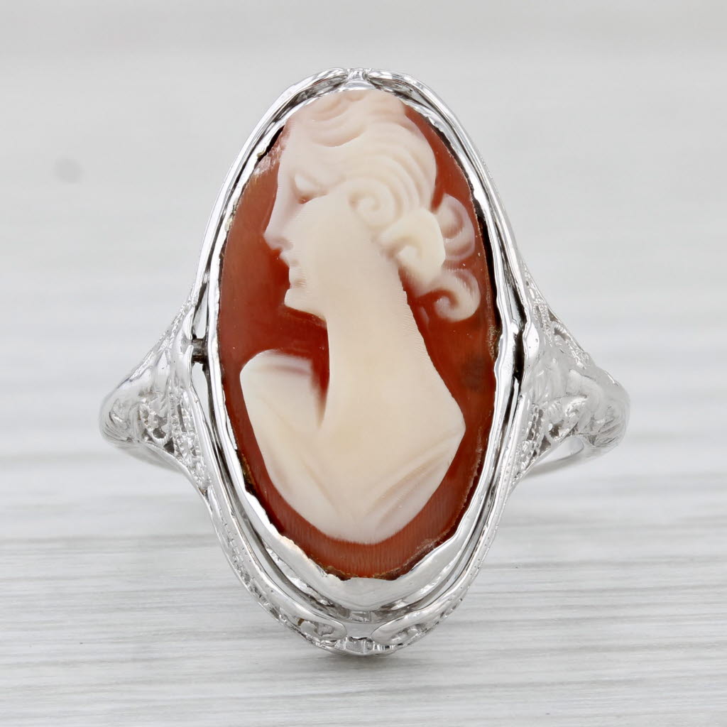 Light Gray Vintage Filigree Cameo Onyx Flip Ring 14k White Gold Size 6 Carved Shell Onyx