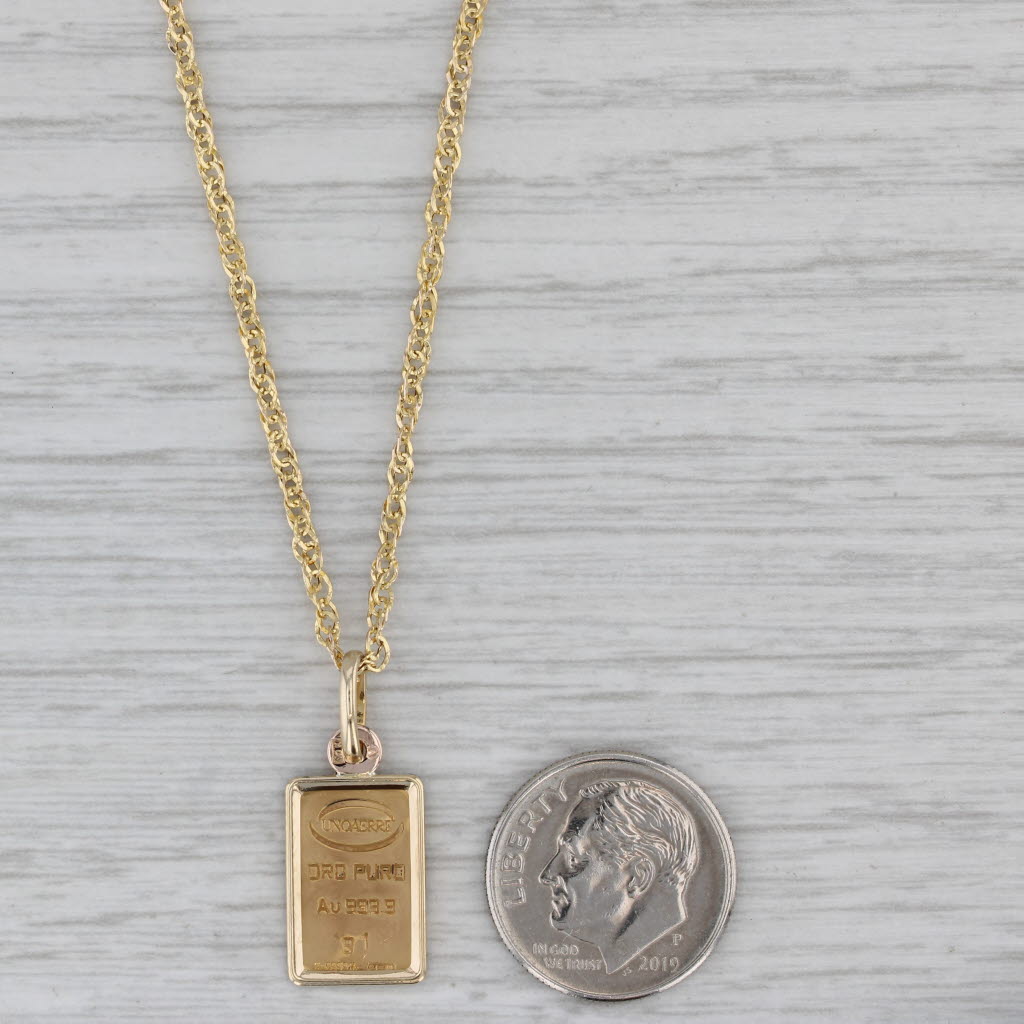 Gray UnoAErre Oro Puro Fine Gold Bar Pendant Necklace 10k Gold 20.25" Rope Chain