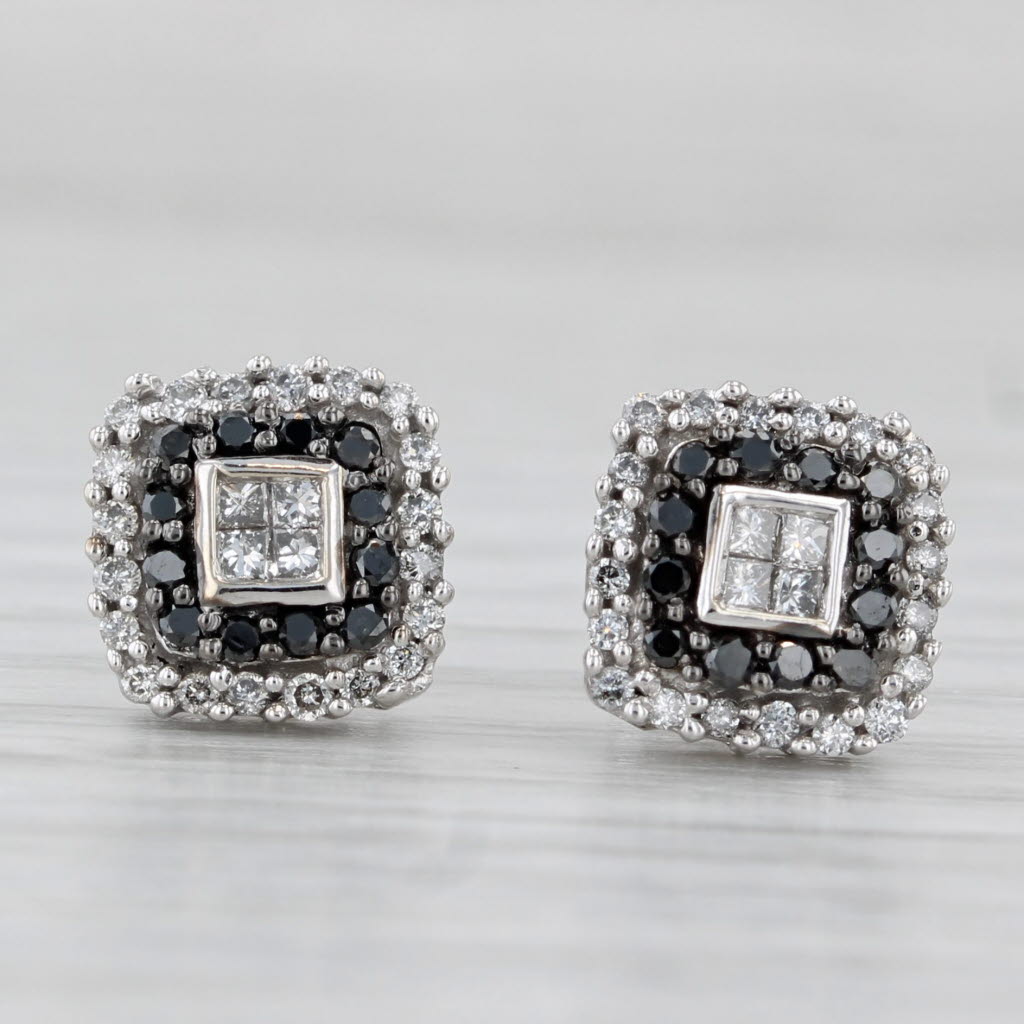 Light Gray 0.38ctw Black White Diamond Halo Stud Earrings 10k White Gold