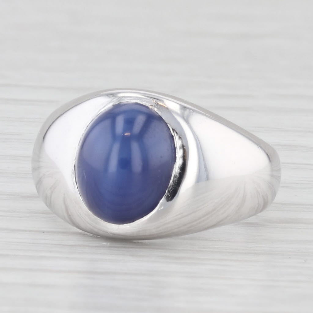 Light Gray Lab Created Star Sapphire Ring 18k White Gold Size 5.5 Oval Cabochon Solitaire