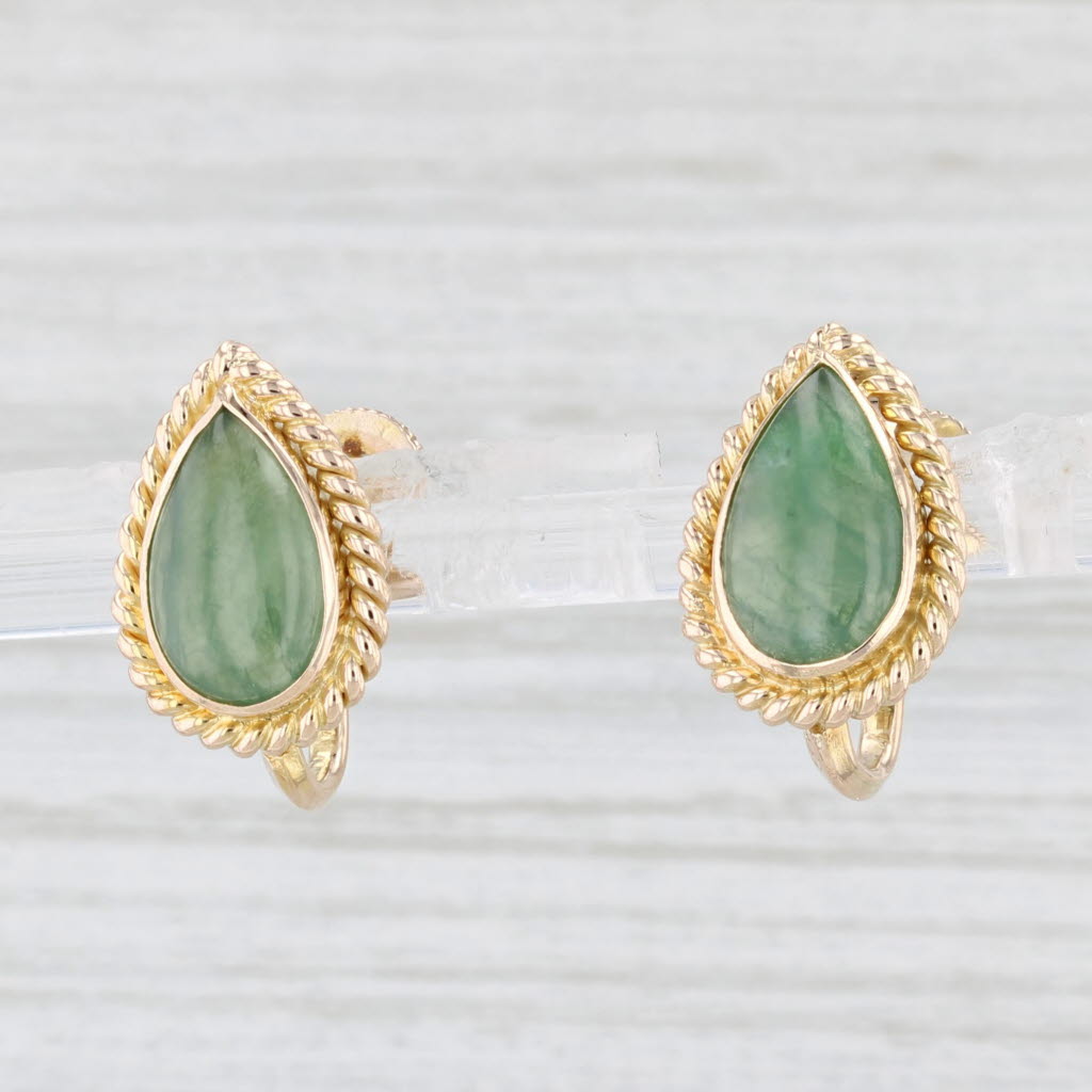 Light Gray Jadeite Jade Pear Cabochon Earrings 14k Yellow Gold Screw Back Non Pierced