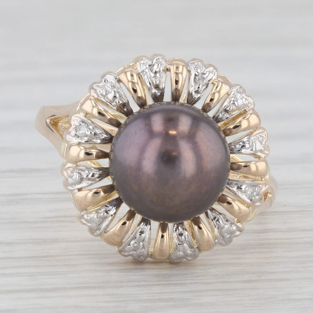 Gray Cultured Black Pearl Diamond Halo 14k Yellow Gold Ring Size 7.5