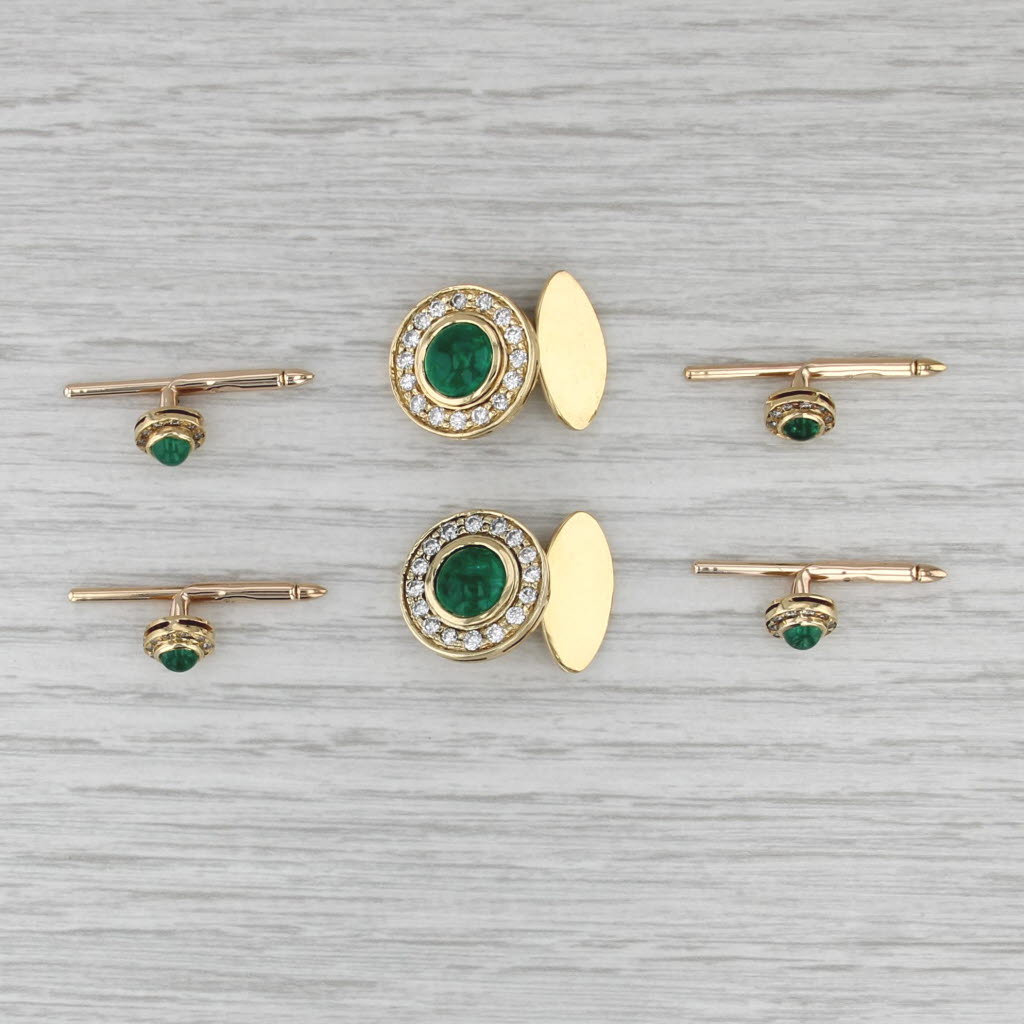 Emerald Diamond Halo Cufflinks 4 Shirt Studs 18k 14k Gold Vintage Men's