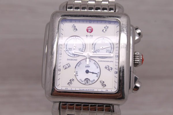 Slate Gray Michele Deco XL Steel Quartz Chronograph Watch Diamond MOP Dial MW06Z00A0046
