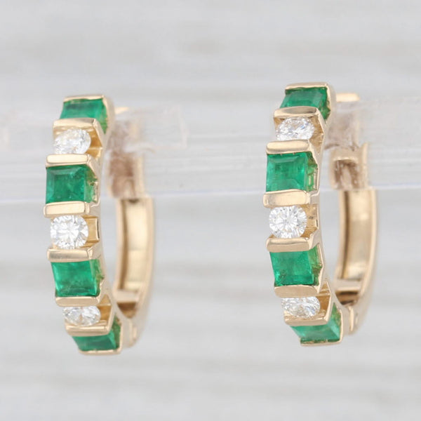 Light Gray 1.10ctw Emerald Diamond Hoop Huggie Earrings 14k Gold Snap Top Round Hoops