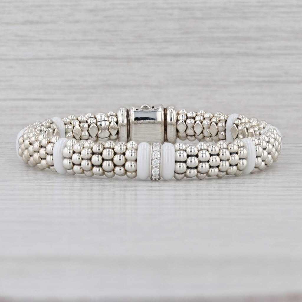 New Lagos Caviar White Ceremic Station Bracelet Sterling Silver Gold w/ Pouch
