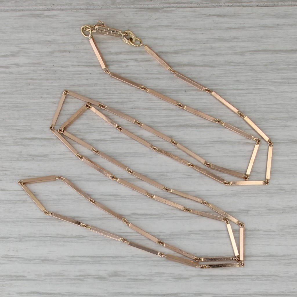 Vintage Watch Chain Style Bar Link Necklace 14k Yellow Gold 1.2mm 24" Long Chain