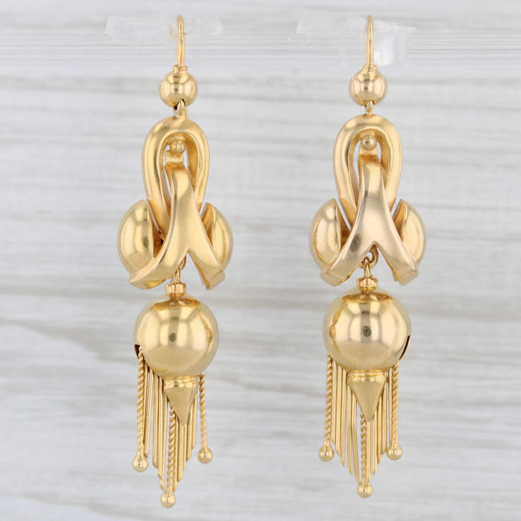 Light Gray Antique Fringe Dangle Statement Earrings 15k Yellow Gold Hook Posts