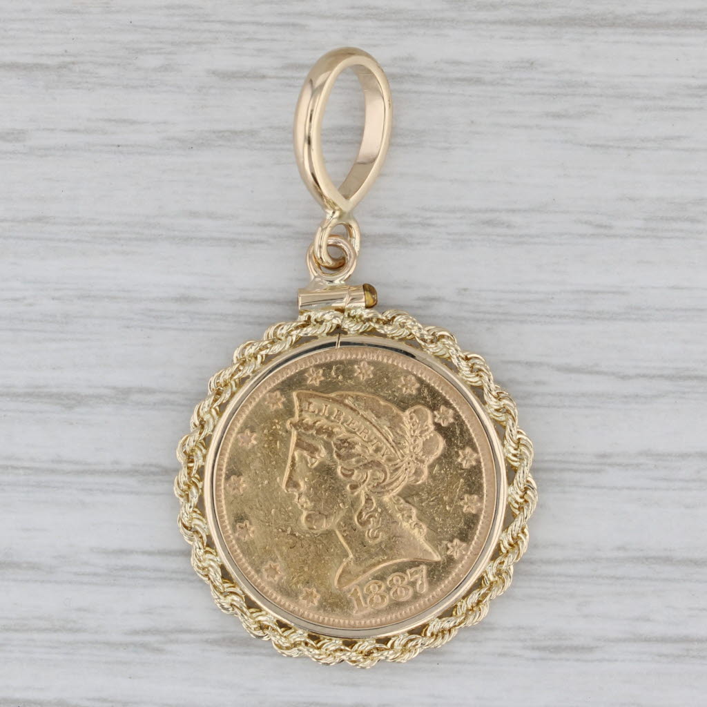 Gray 1887 5 Dollar Liberty Head Coin Pendant 14k Yellow Gold