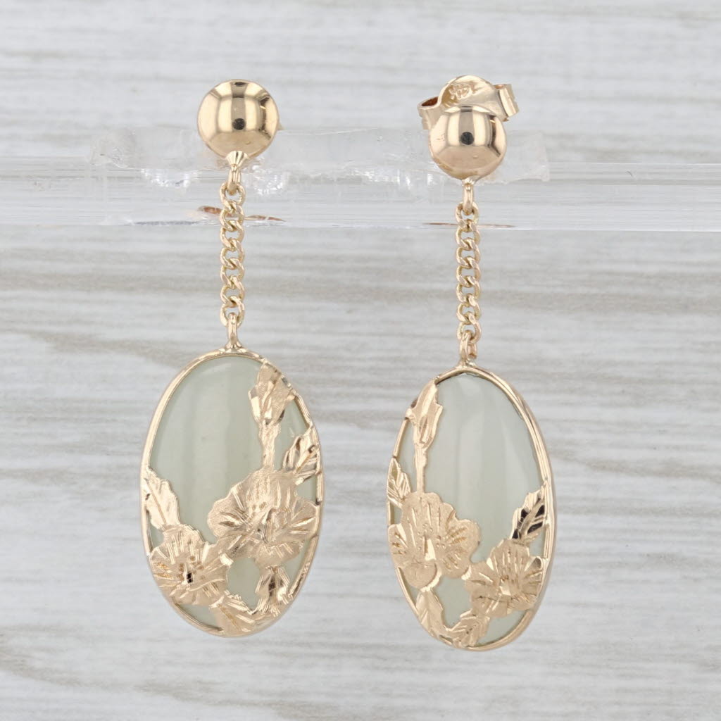Green Nephrite Jade Flower Dangle Earrings 14k Yellow Gold Drops