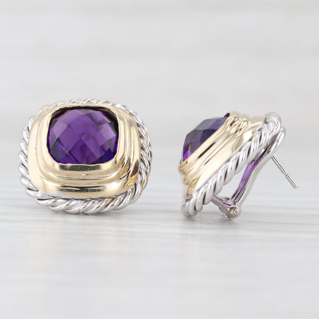 Light Gray 7.80ctw Amethyst Cushion Stud Earrings 14k Yellow White Gold Omega Backs
