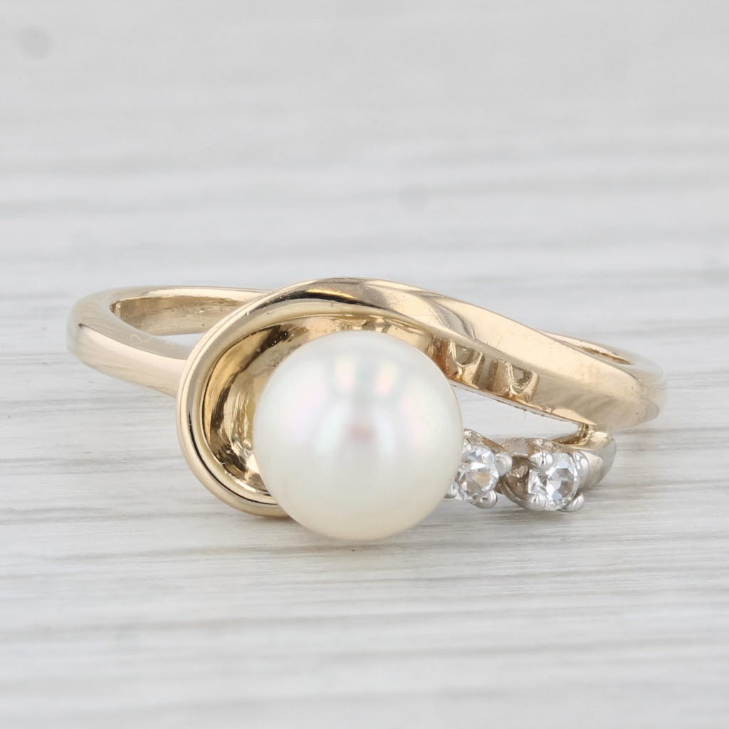 Light Gray Cultured Pearl Imitation Diamond Ring 14k Yellow Gold Size 7