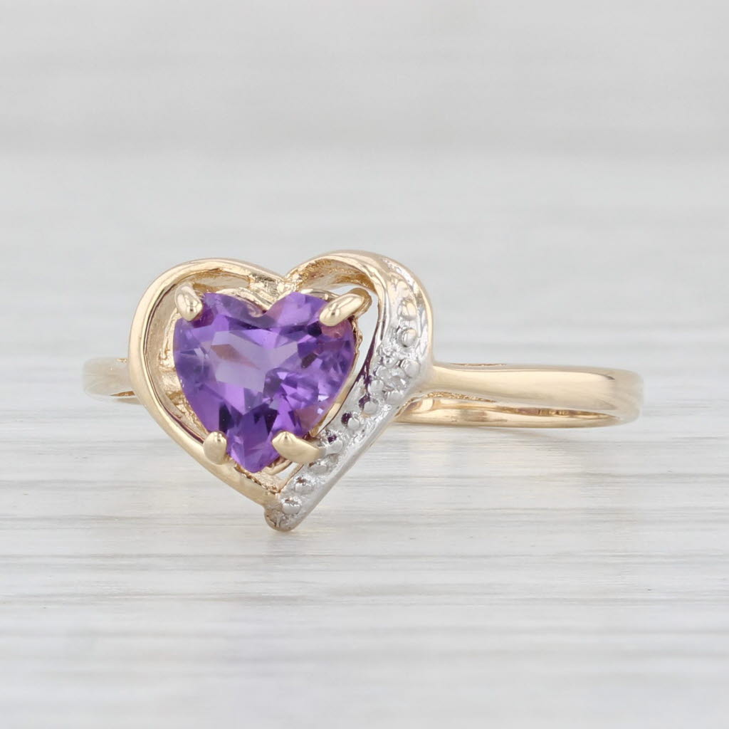 Light Gray 0.65ct Amethyst Heart Ring 10k Yellow Gold Diamond Accents Size 6.25