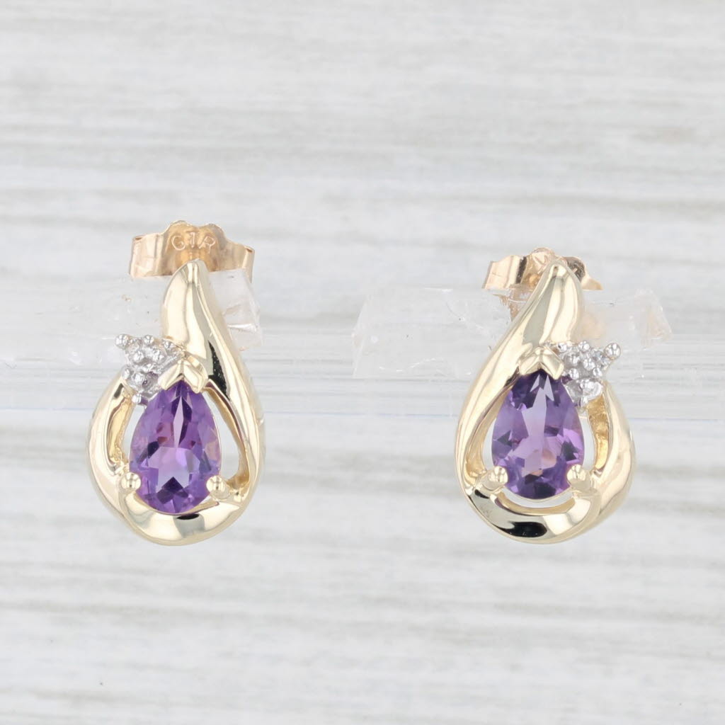 Light Gray 0.75ctw Amethyst Teardrop Stud Earrings 10k Yellow Gold Diamond Accents