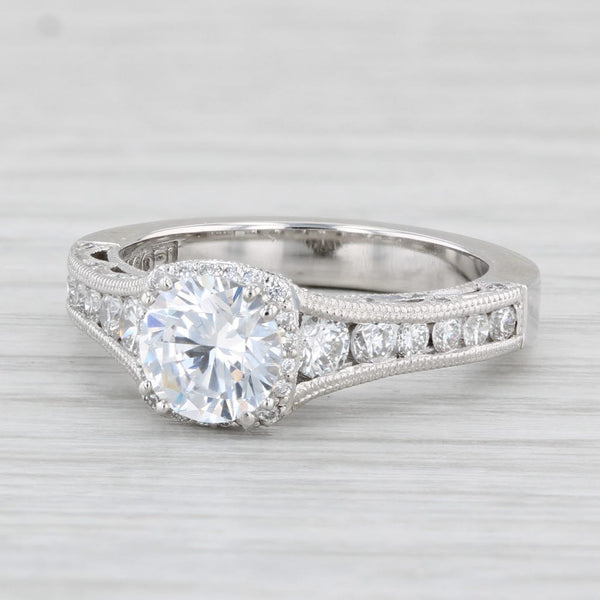 New Diamond Halo Tacori Semi Mount Engagement Ring 18k White Gold Certificate
