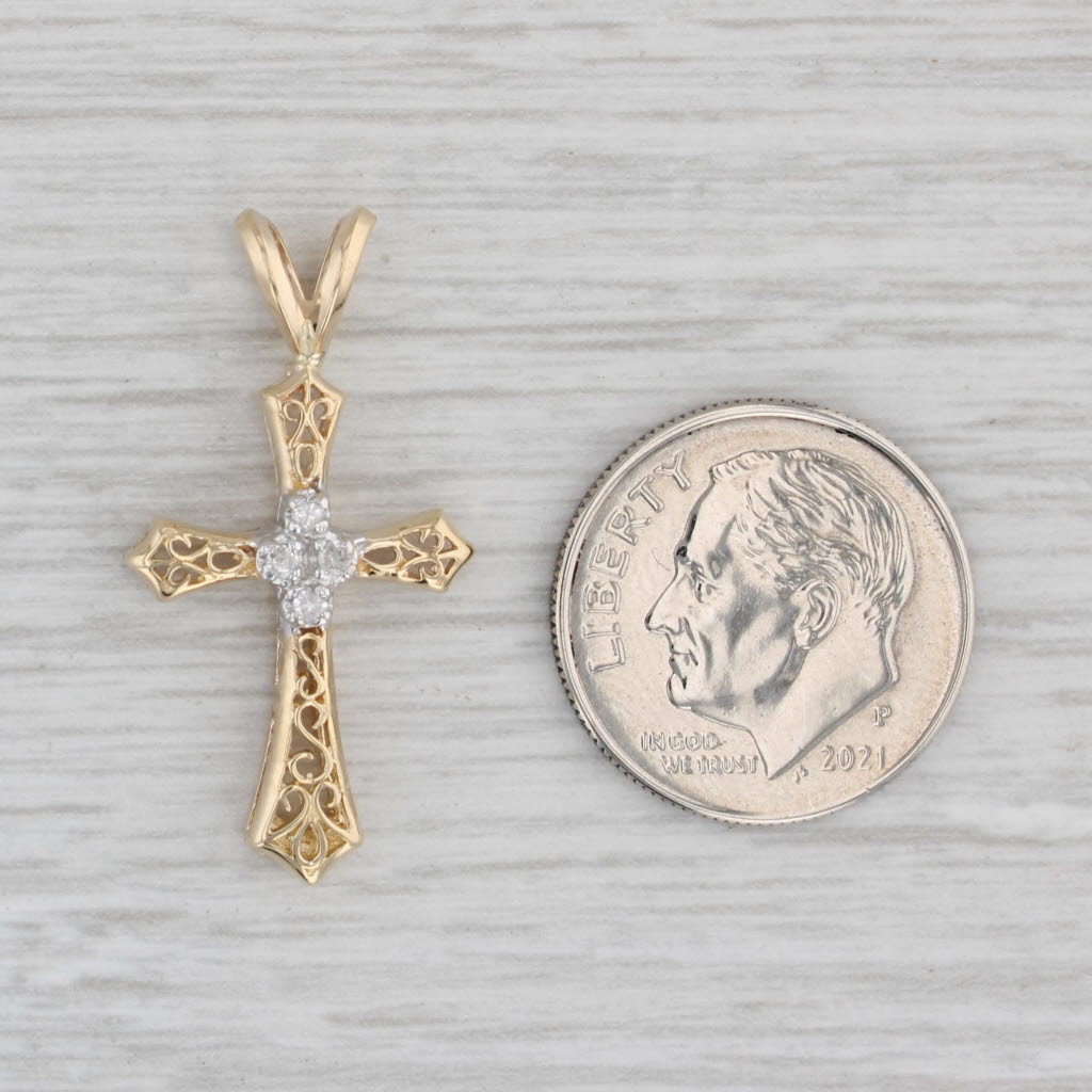 Gray Small Ornate Diamond Cross Pendant 14k Yellow Gold