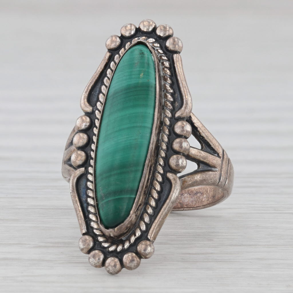 Gray Vintage Malachite Native American Ring Sterling silver Size 9 Artisan Signed