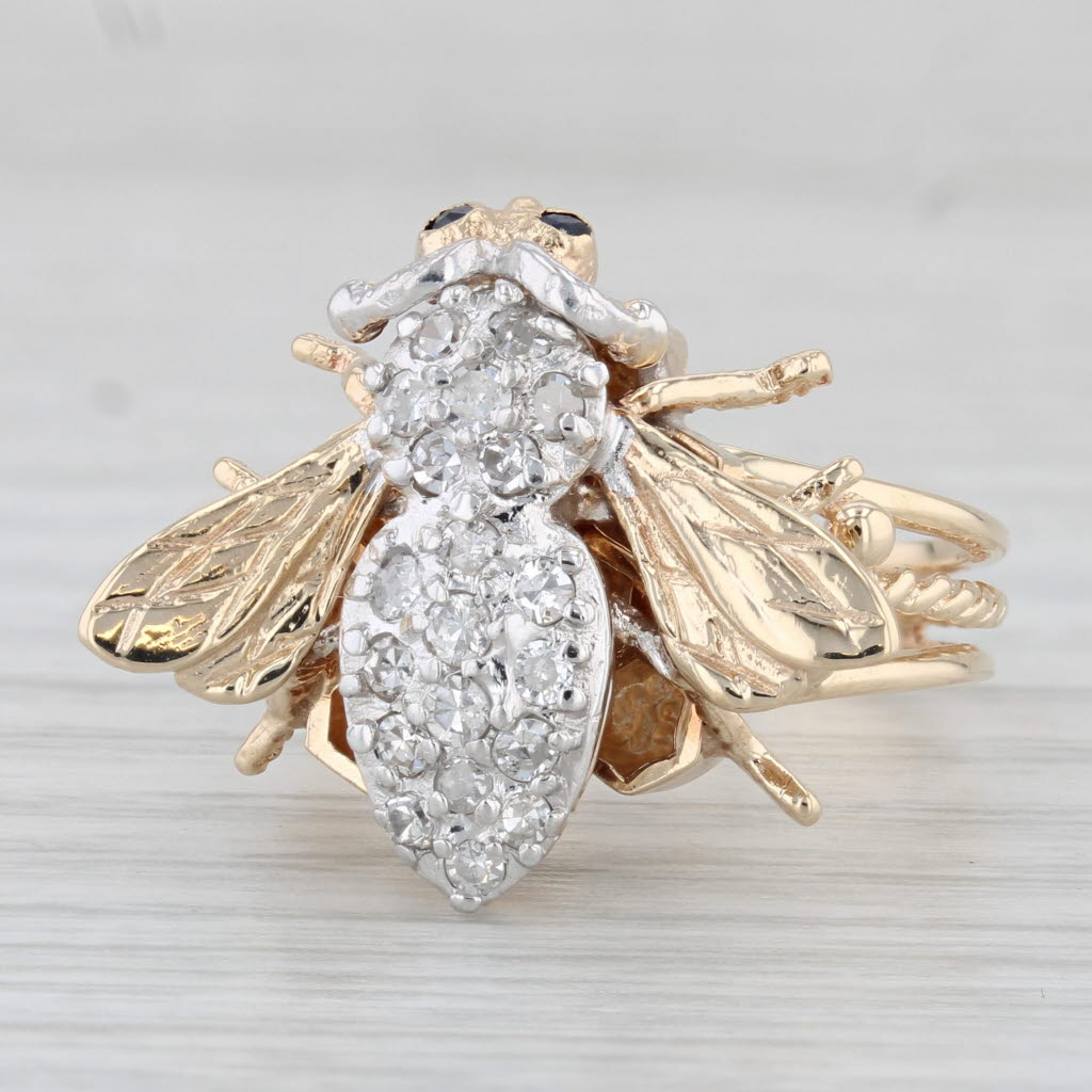 Light Gray 0.34ctw Diamond Sapphire Bee Ring 14k Yellow Gold Size 7.5 Cocktail