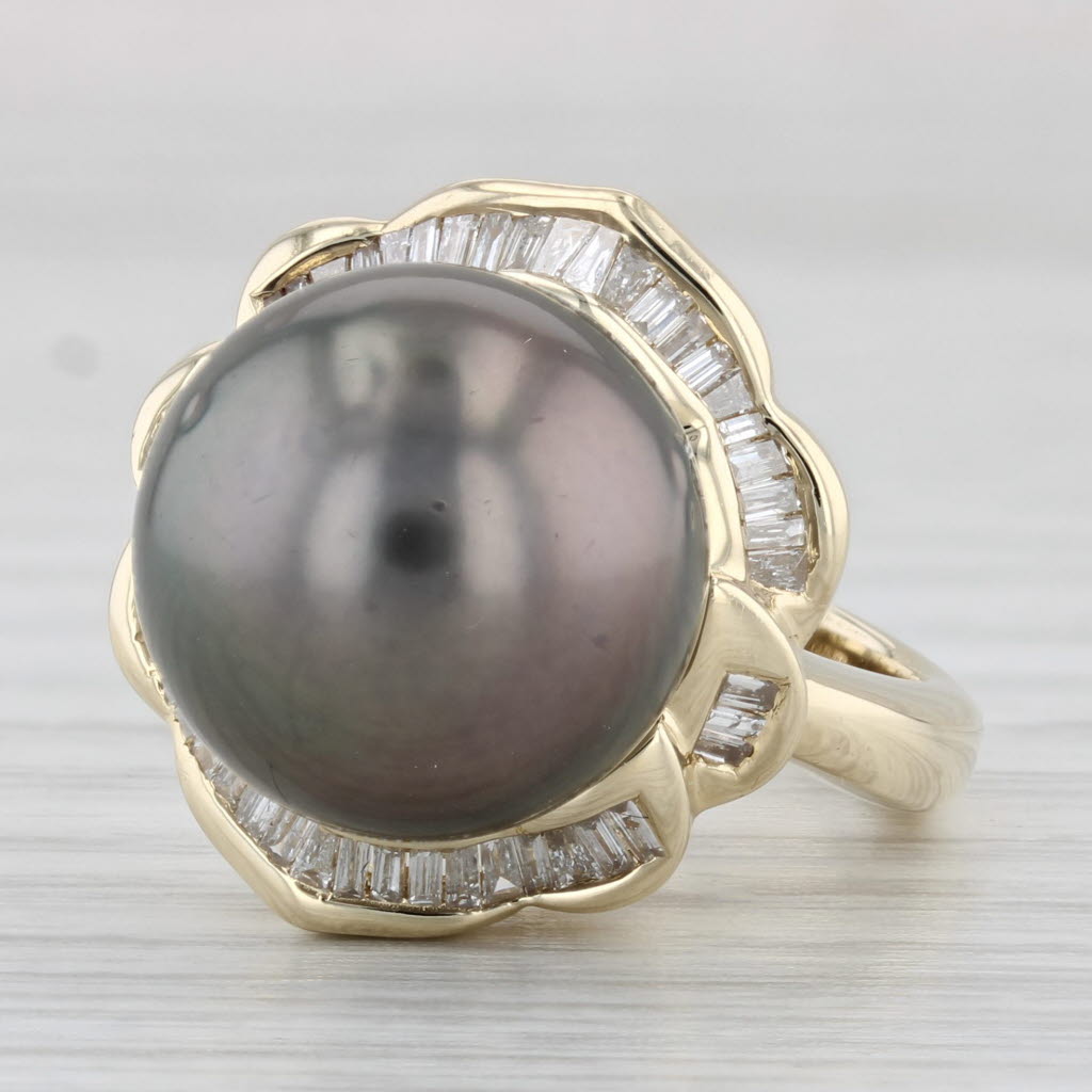 Light Gray Cultured Gray Pearl Diamond Halo Ring 14k Yellow Gold Size 6.75 Cocktail