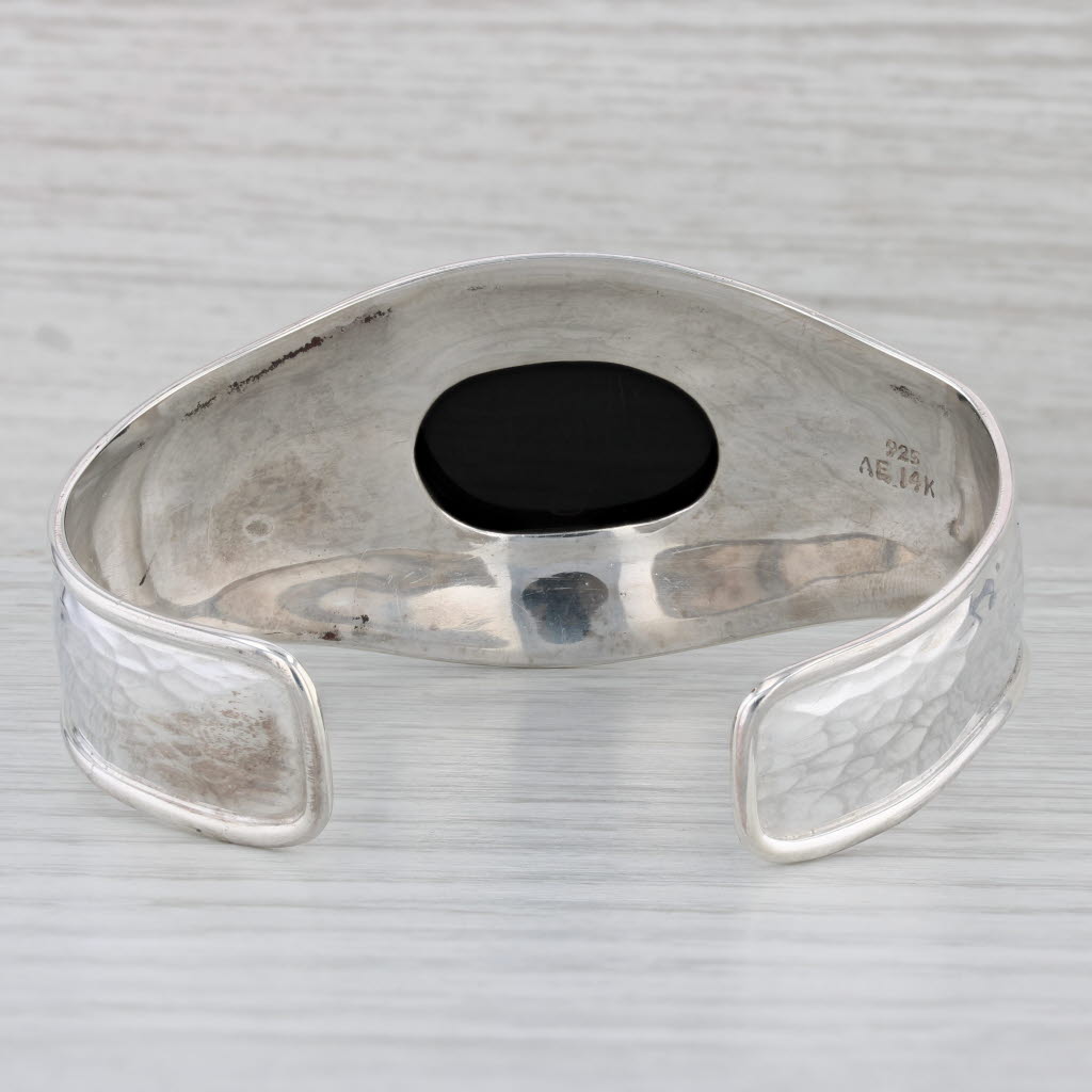 Gray Ornate Floral Abalone Shell Cuff Bracelet Sterling Silver 14k Gold Statement