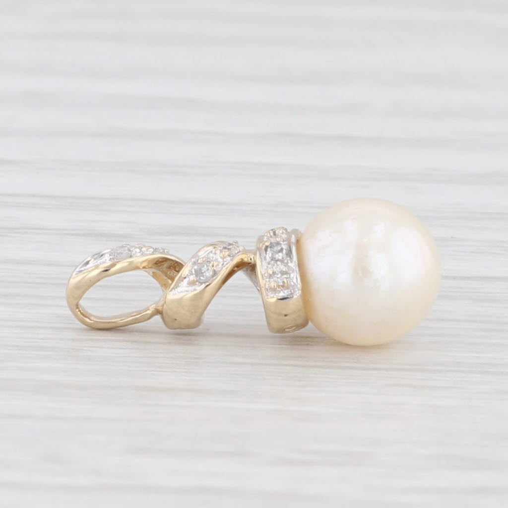 Light Gray Diamond Swirl Cultured Pearl Pendant 14k Yellow Gold Small Drop
