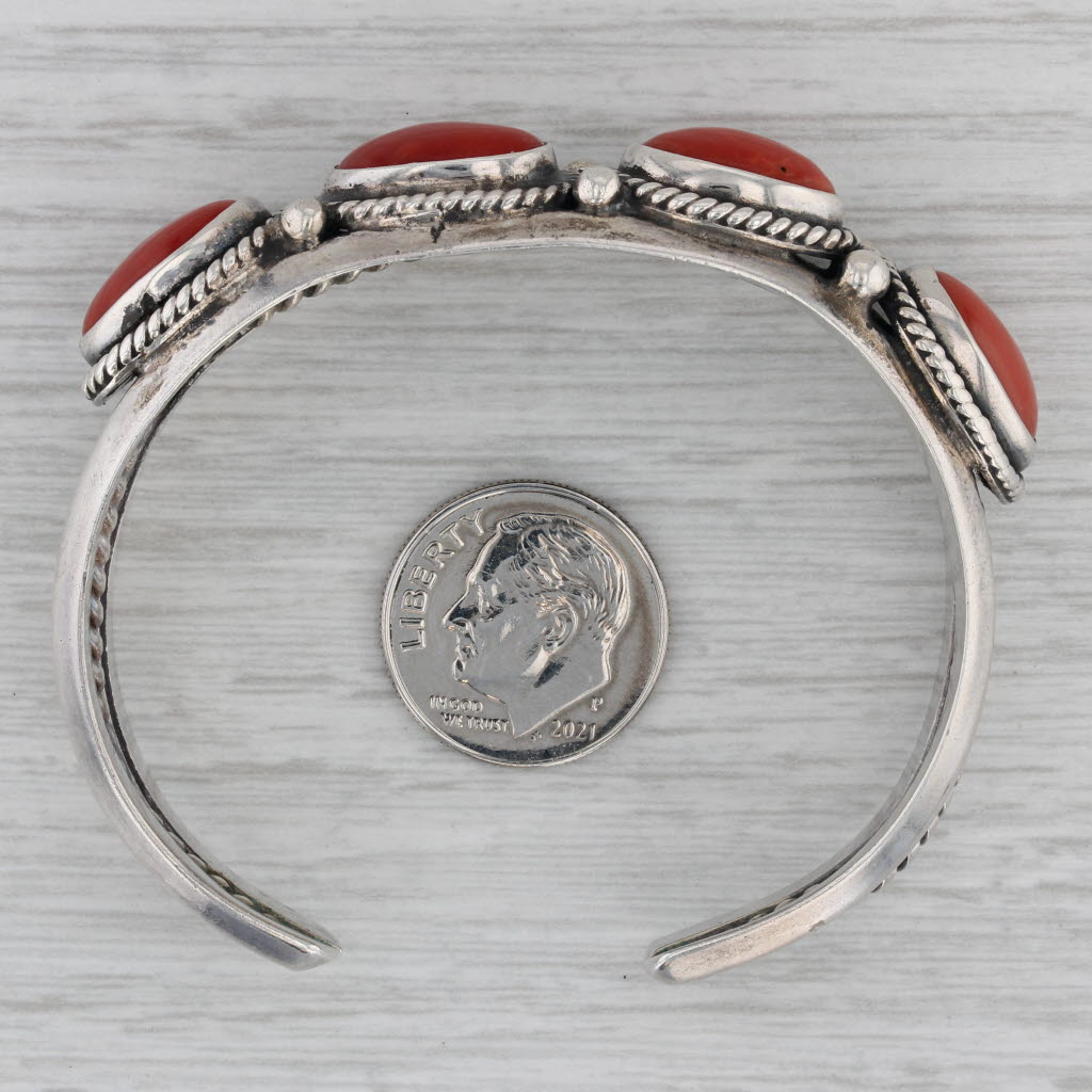 Vintage Mid 2024 Century Native American Navajo Sterling Silver Red Coral Cuff Bracelet | Size 6 - Handmade Indian Jewelry