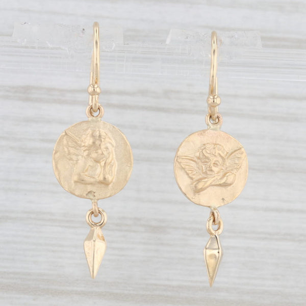 Cherub Coin Dangle Earrings 14k Yellow Gold Hook Posts