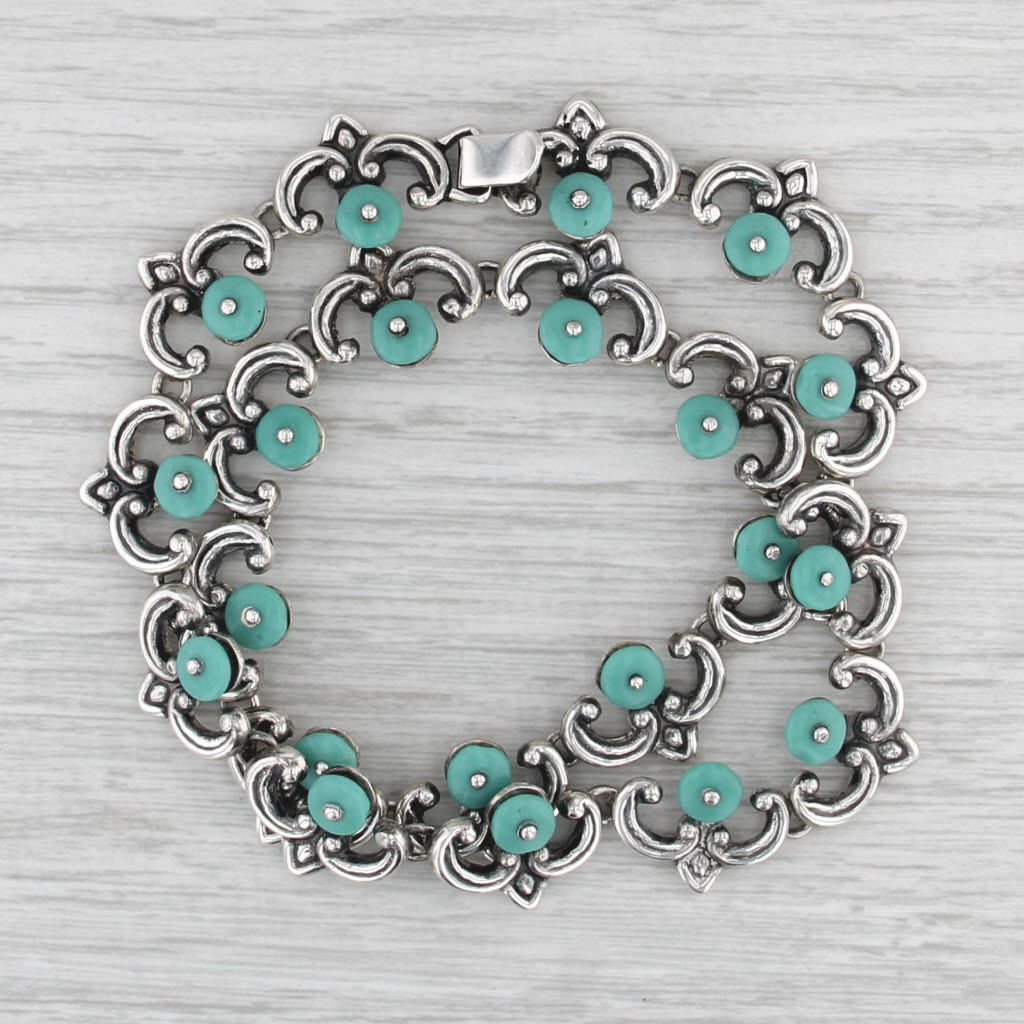 Glass Bead Curved Ornate Link Necklace Sterling Silver Taxco Mexico 14.75"