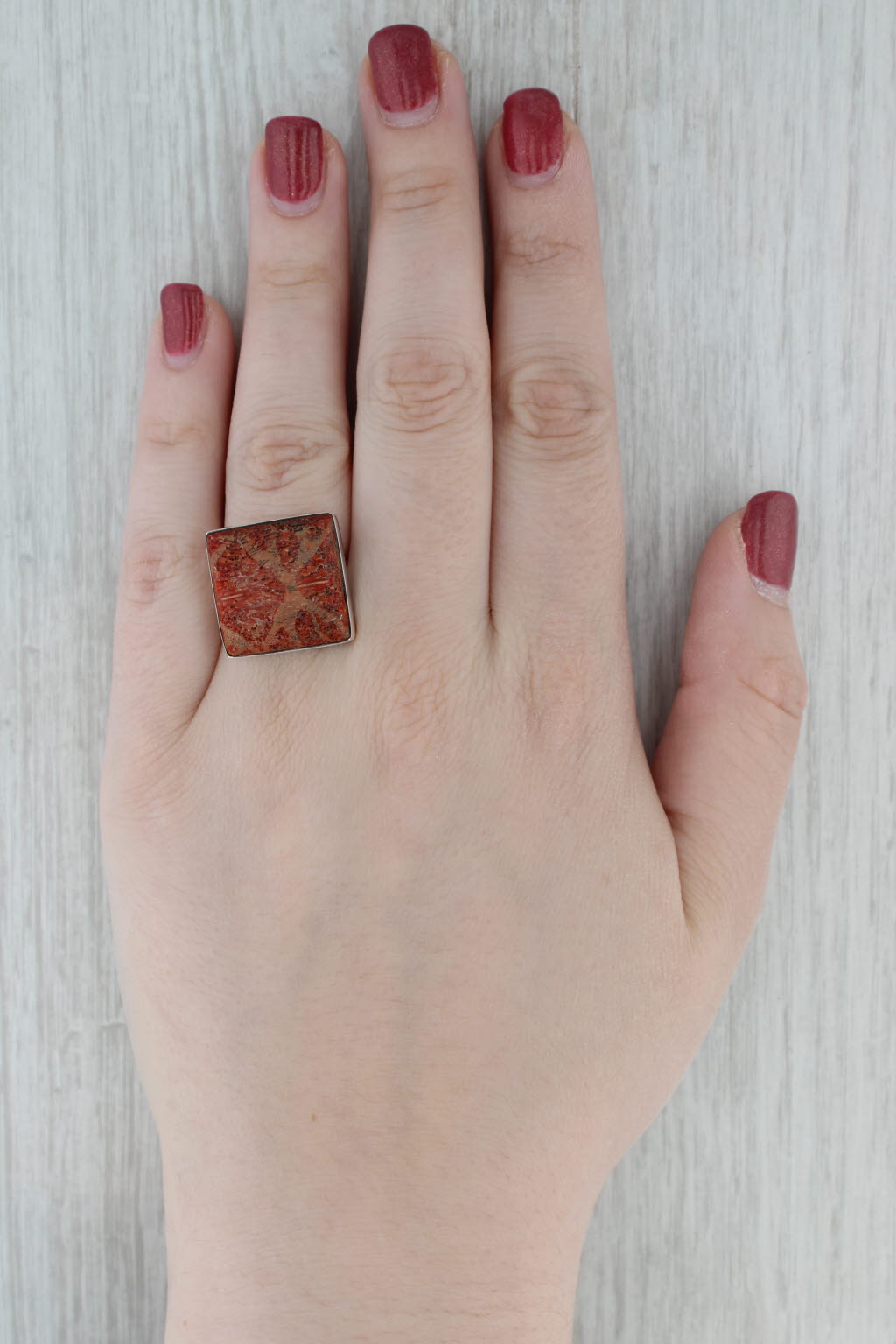 Gray Coral Square Cabochon Ring Sterling Silver Size 7.75