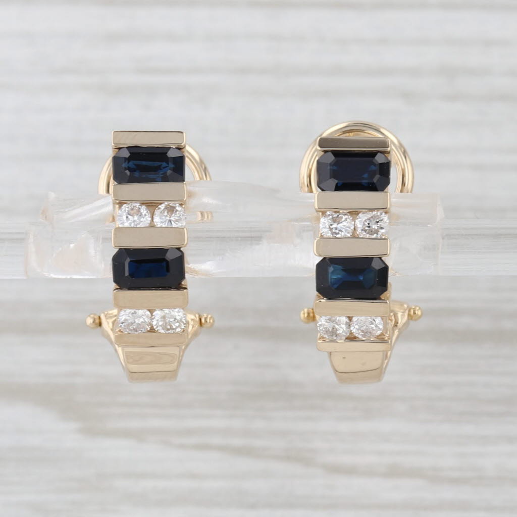 1.80ctw Blue Sapphire Diamond Drop Earrings 14k Yellow Gold Omega Backs