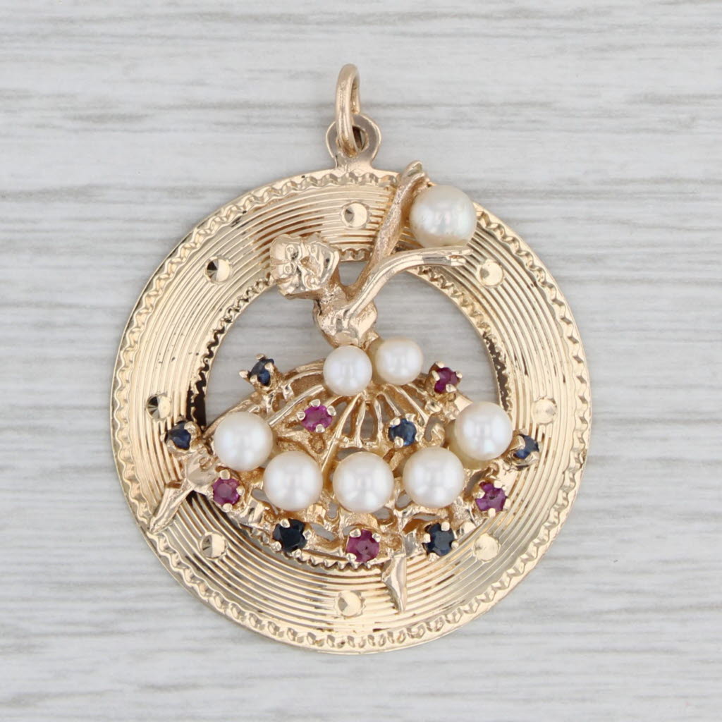 Light Gray Vintage Gemstone Ballet Dancer Pendant 14k Gold Cultured Pearl Ruby Sapphire