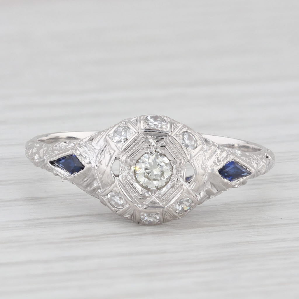 Light Gray Art Deco 0.38ctw Diamond Lab Created Sapphire Engagement Ring 18k White Gold