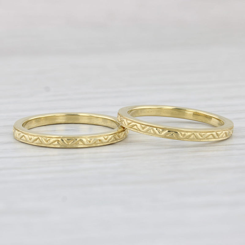 Light Gray Set of 2 Etched Rings 18k Yellow Gold Wedding Bands Stackable Size 6.5