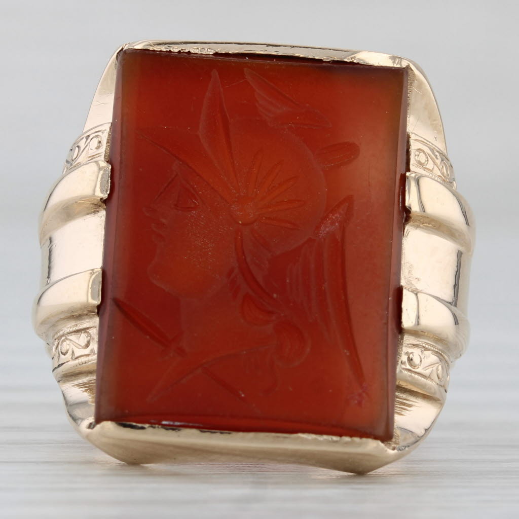 Saddle Brown Vintage Sard Carnelian Intaglio Ring 10k Yellow Gold Size 8.5 Signet Vintage