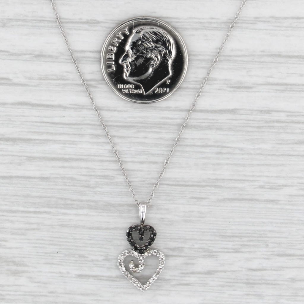 Black White Diamond Hearts Pendant Necklace 10k White Gold 18" Rope Chain