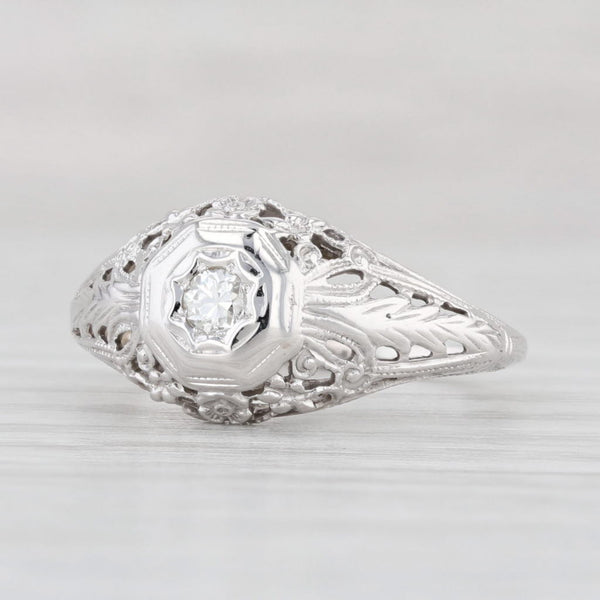 Light Gray Art Deco Diamond Solitaire Ring 18k White Gold Engagement Floral Filigree