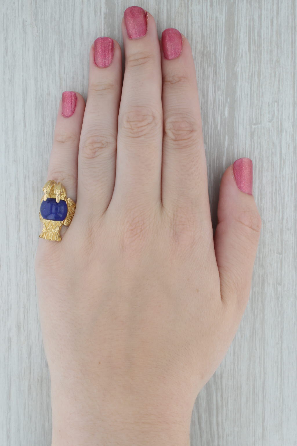 Dark Gray Lapis Lazuli Two Bird Love Birds Statement Ring 18k Gold Size 7.5 Egyptian