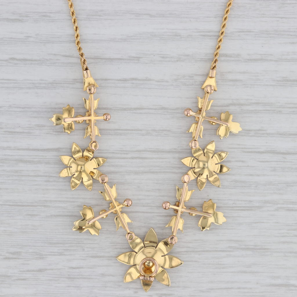 Gray Seed Pearls Flower Necklace 15k Gold 15.75" Rope Chain Vintage Floral Jewelry