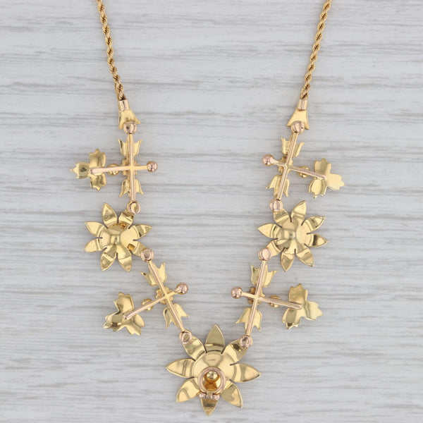 Seed Pearls Flower Necklace 15k Gold 15.75" Rope Chain Vintage Floral Jewelry